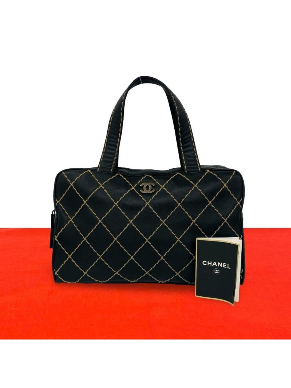 Chanel CC Logo Wild Stitch Lambskin Mini Boston Bag Black